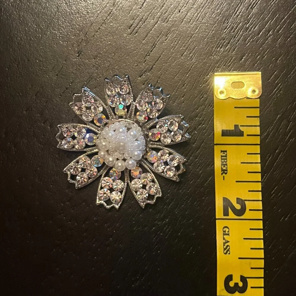 Vintage Silver Tone Brooch with Pearl Cluster Center and Aurora Borealis Stones
